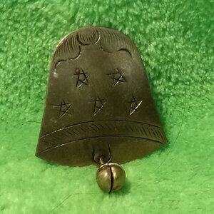 Vintage Brass Bell Pinback Brooch with etched stars